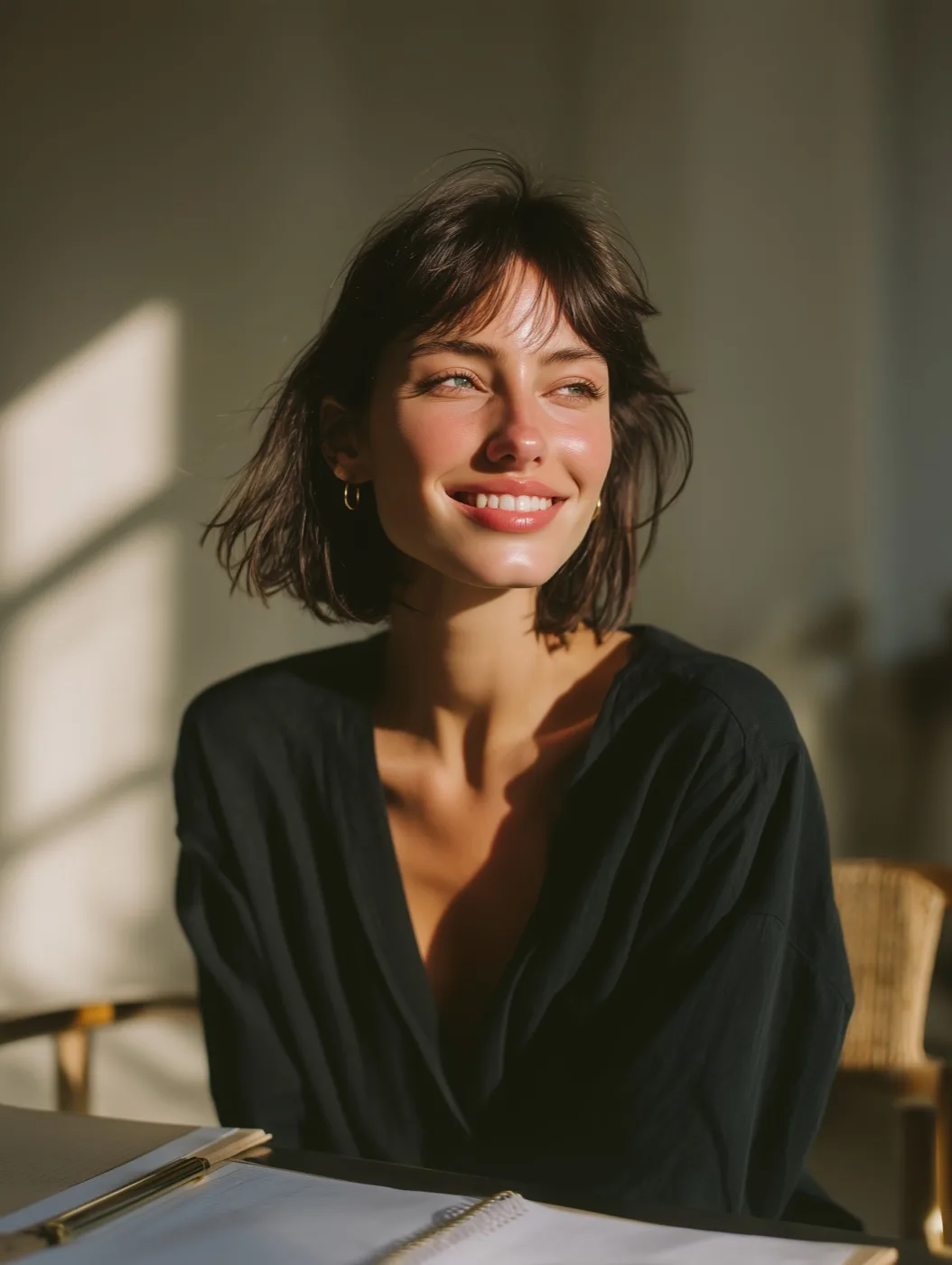 Woman smiling in a sunlit room