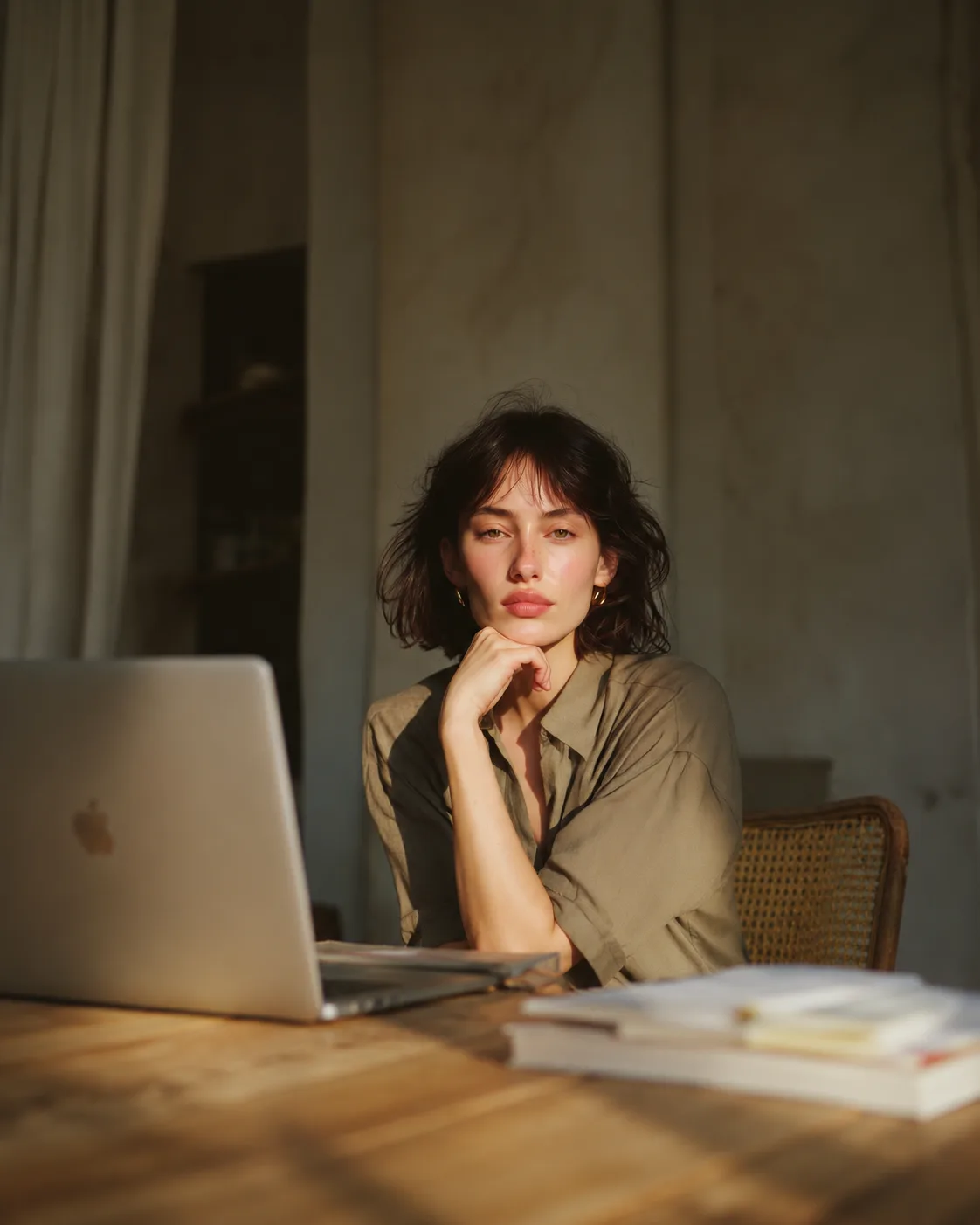 Victoria, business coach, seated thoughtfully at her workspace