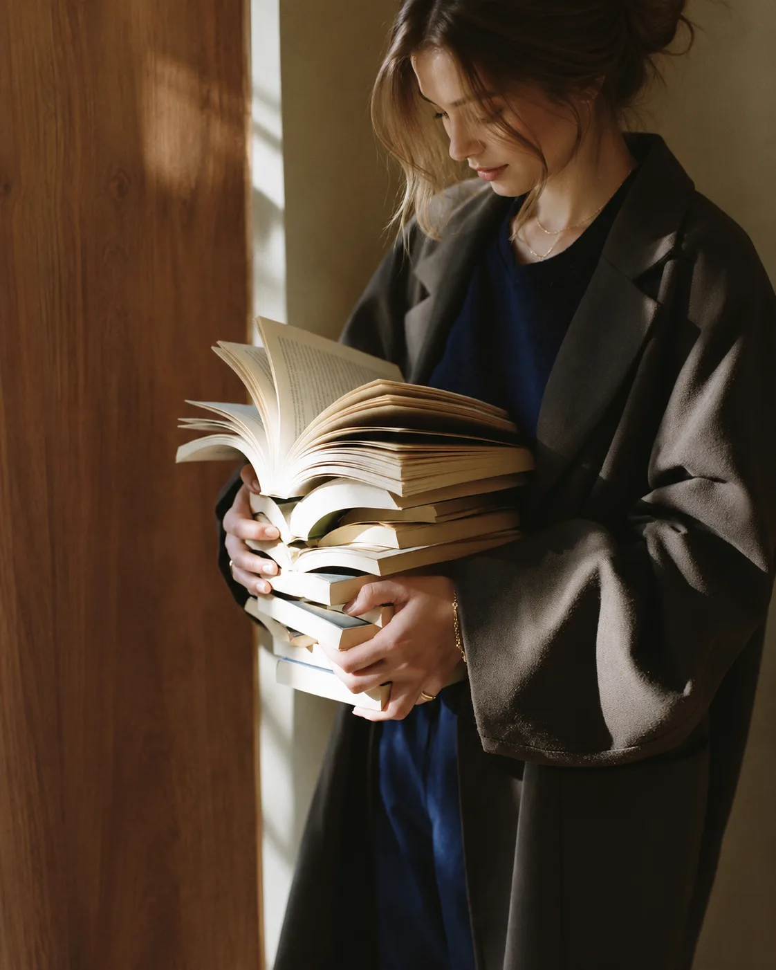 A woman holding a stack of open books in a sunlit room