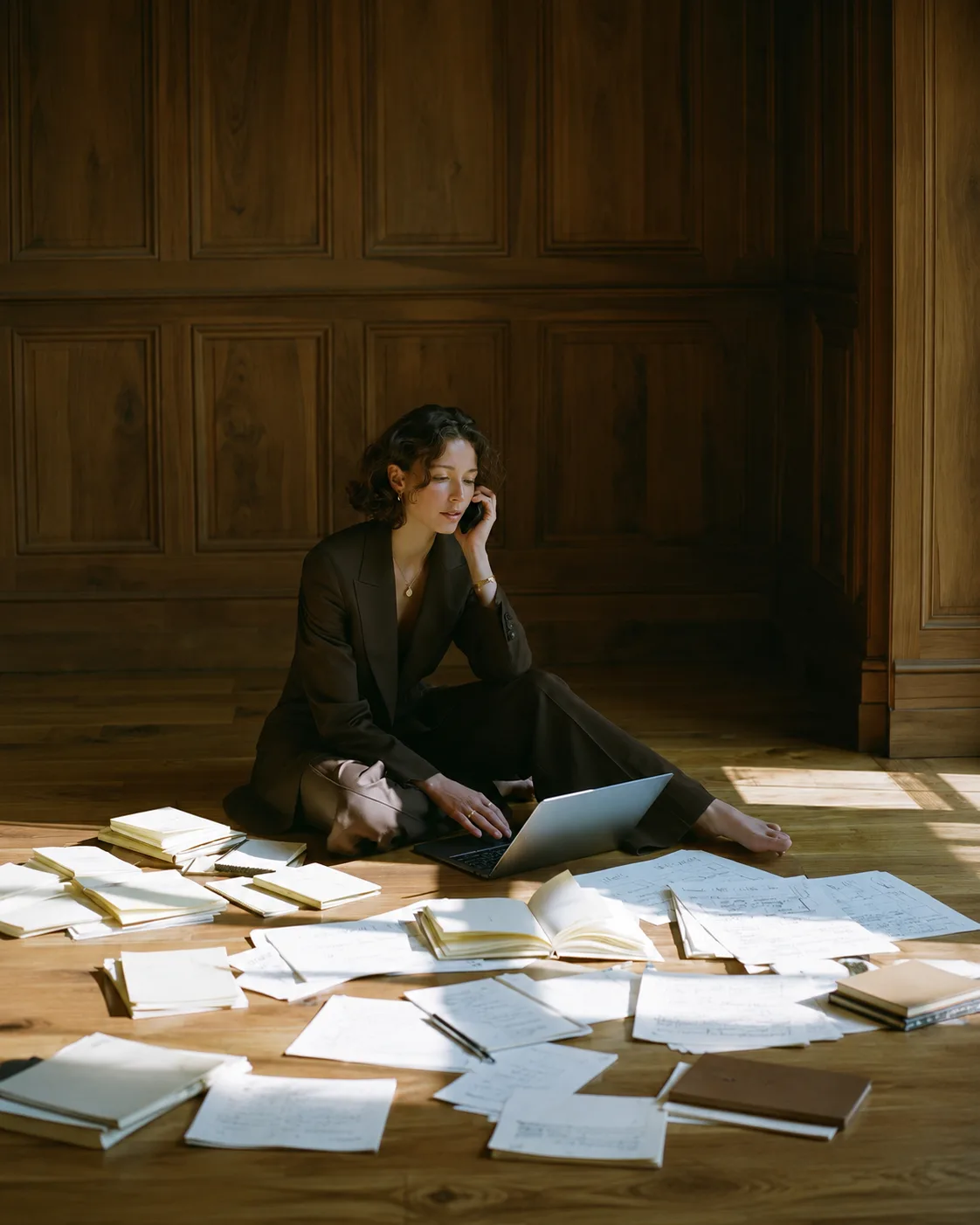 A woman on the phone working on a laptop surrounded by papers on the floor