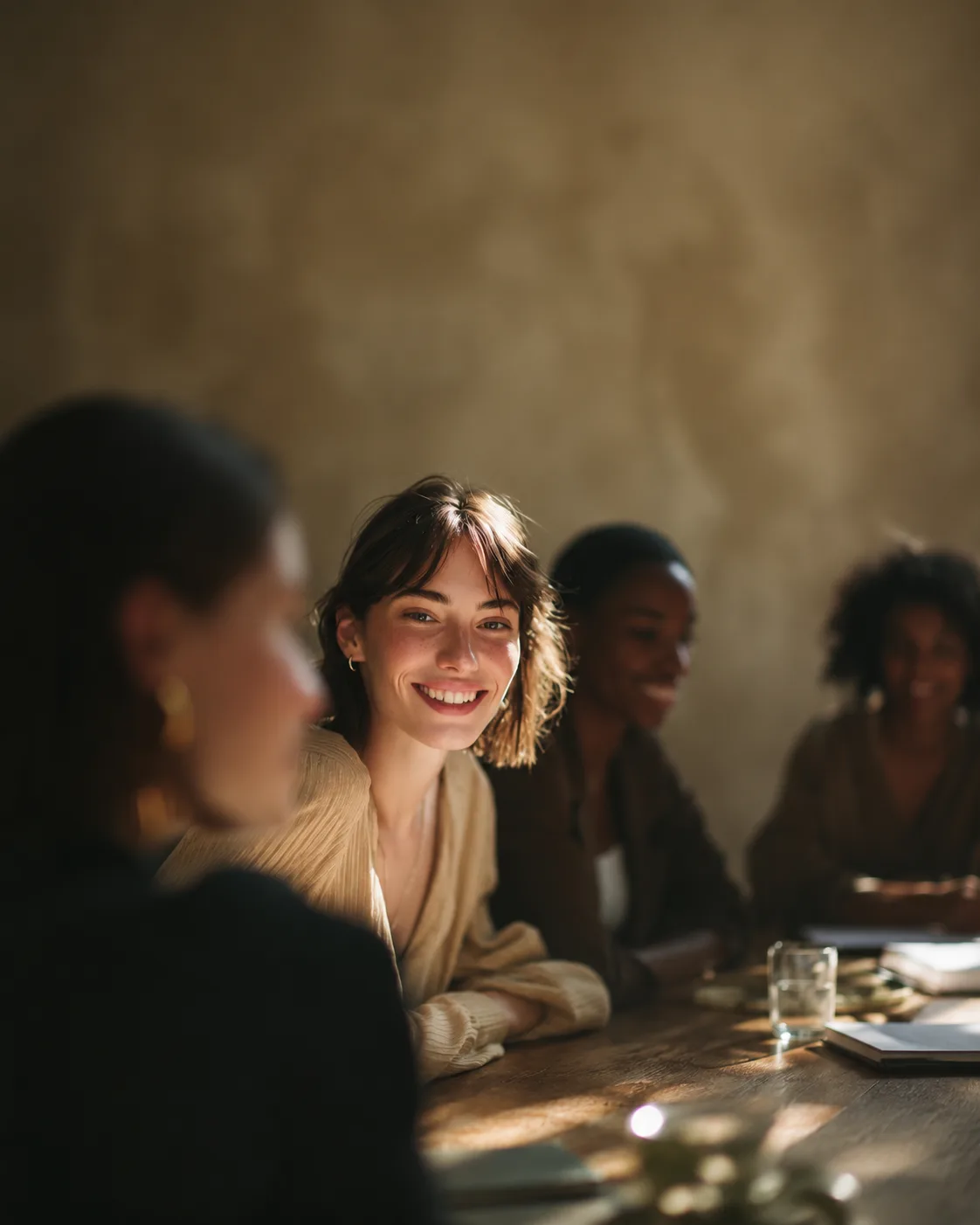 A group of women smiling together around a table
