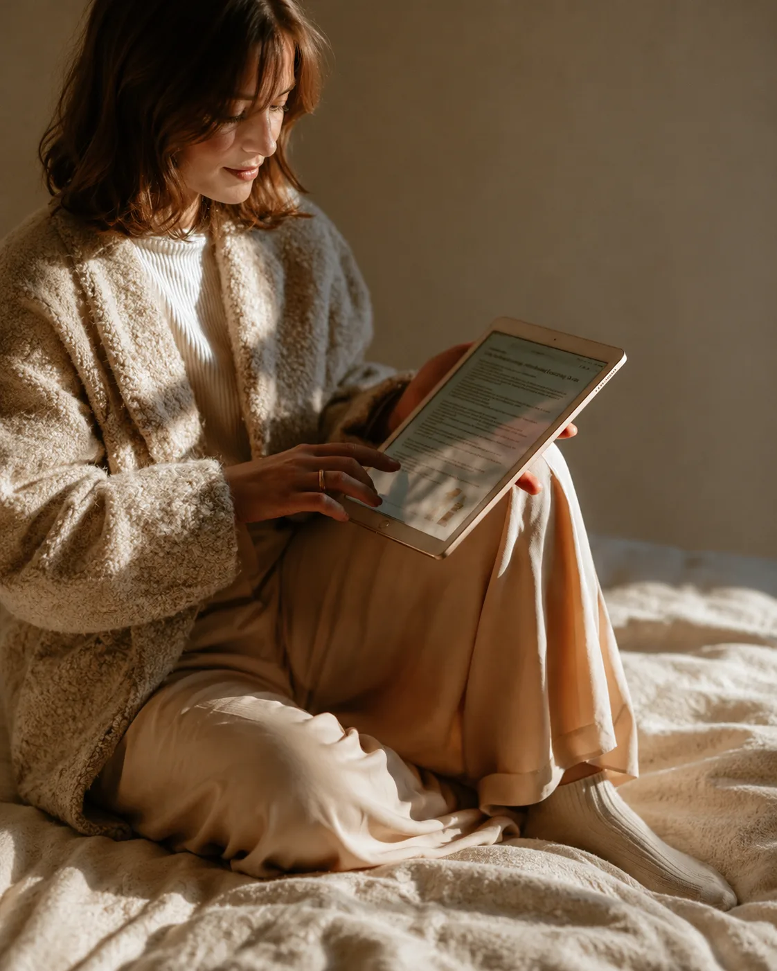 A woman in a knit cardigan reading on a tablet