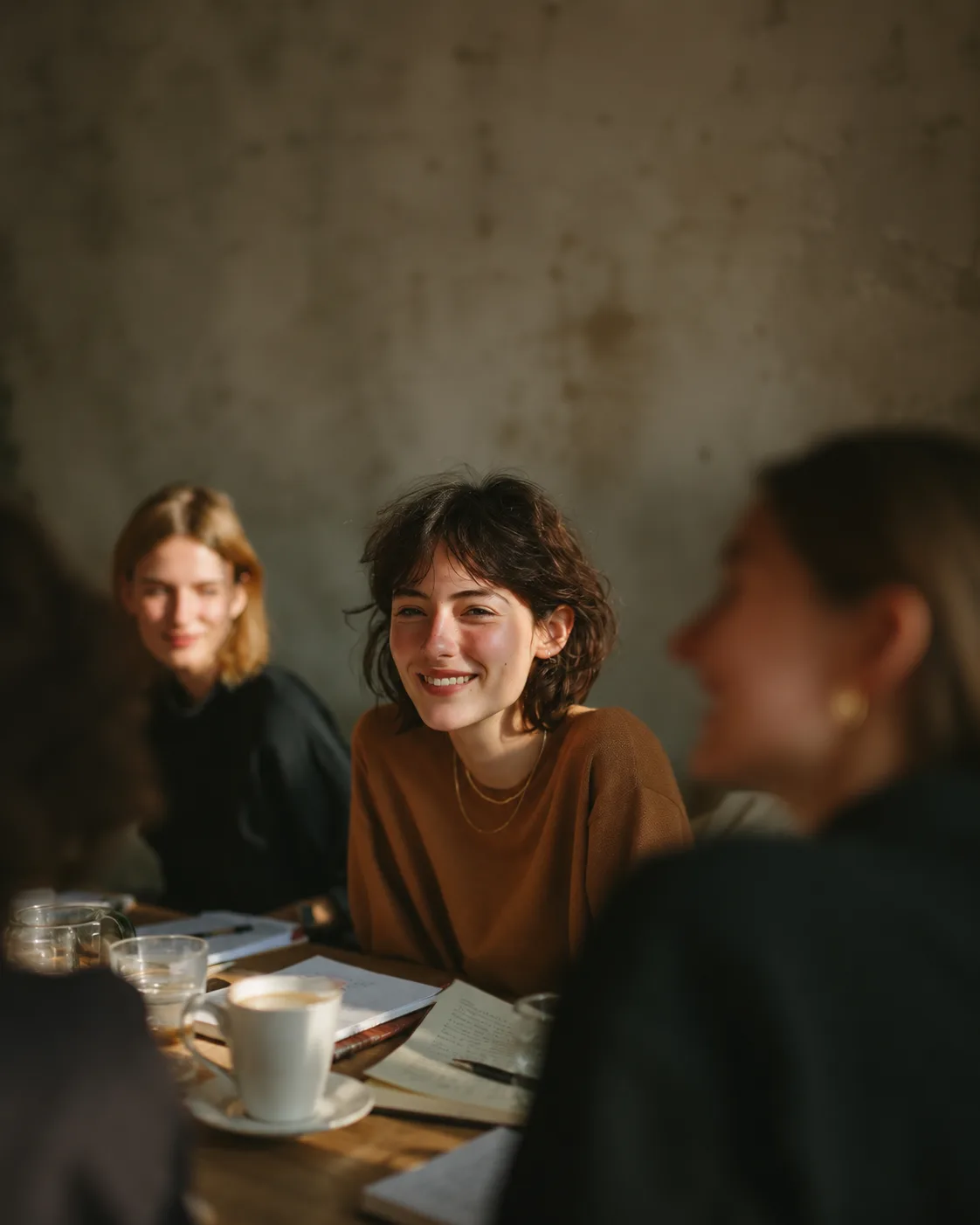 Three women laughing together around a table during a coaching session