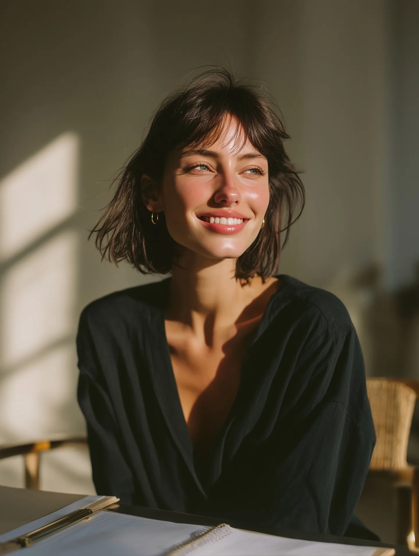 A woman smiling warmly in a sunlit room